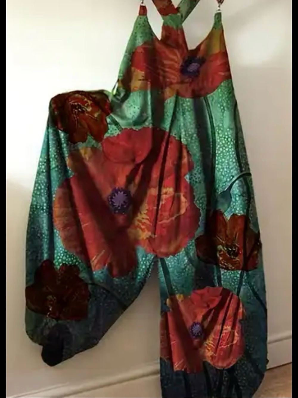 Green Floral Harem Jumpsuit with Red Poppy Print